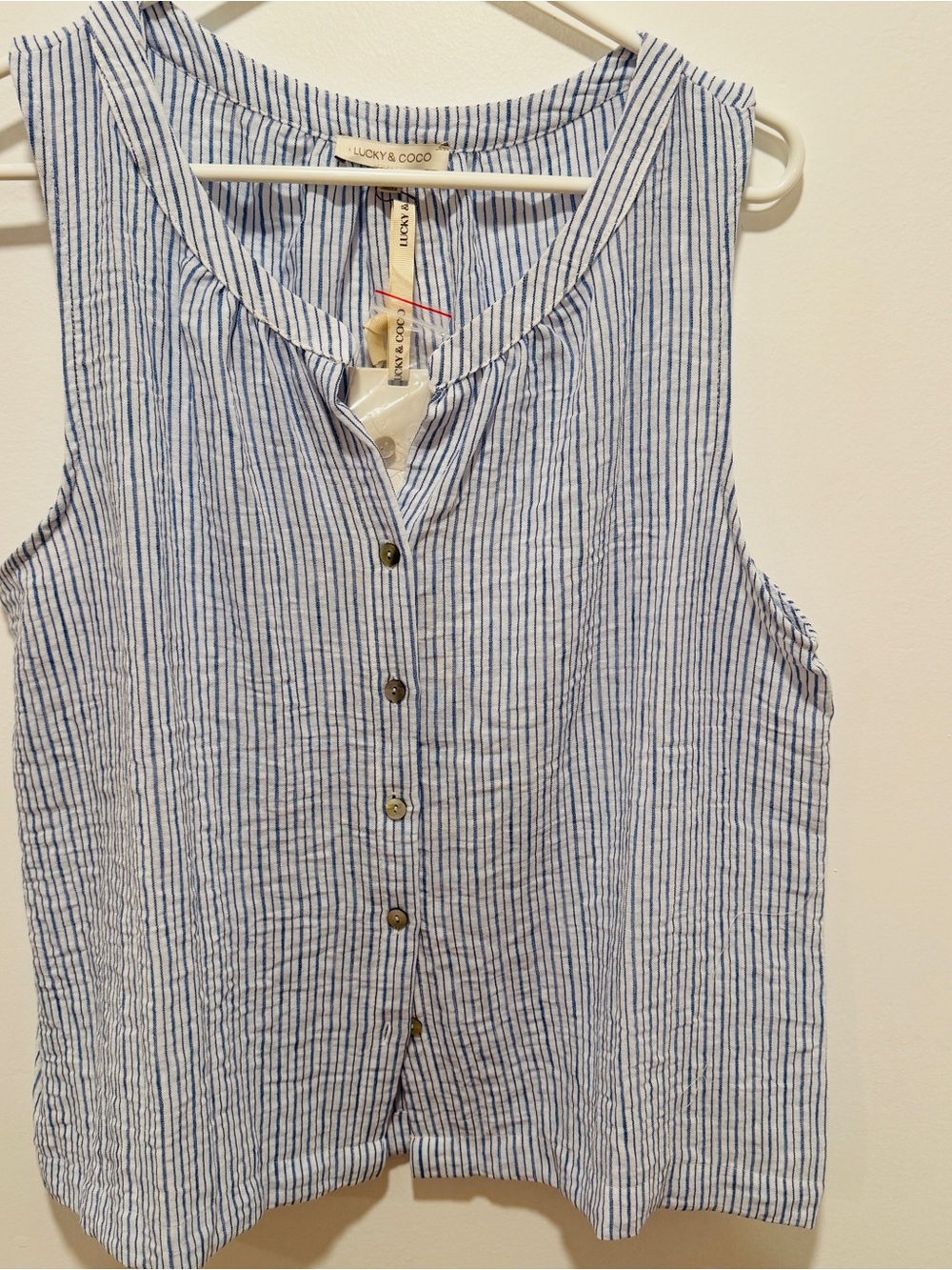 Lucky & Coco Sleeveless Blue-White Striped Button Front Top